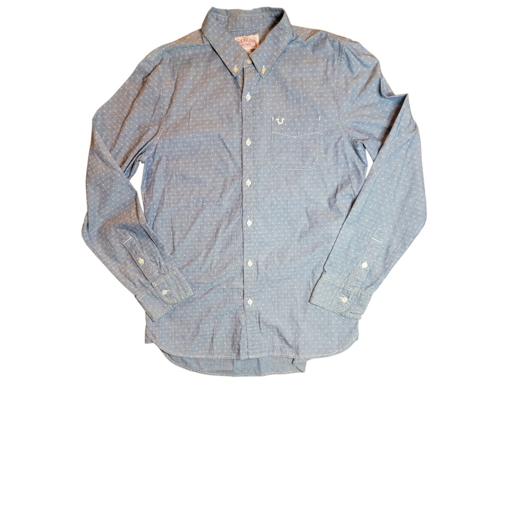 True Religion Button Down Shirt Mens M Blue Excellent Geometric Print Cotton